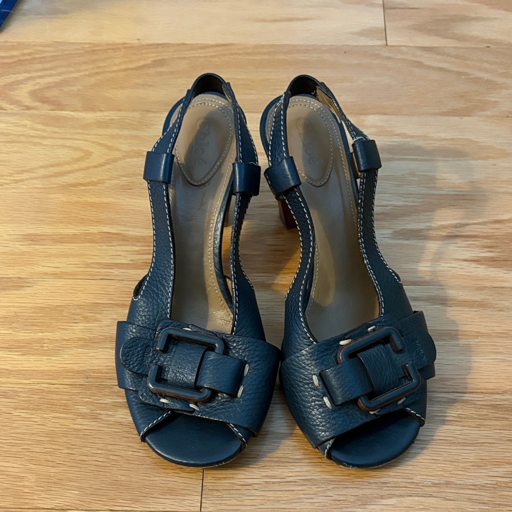 Chloe Navy Blue Leather Heeled Sandals